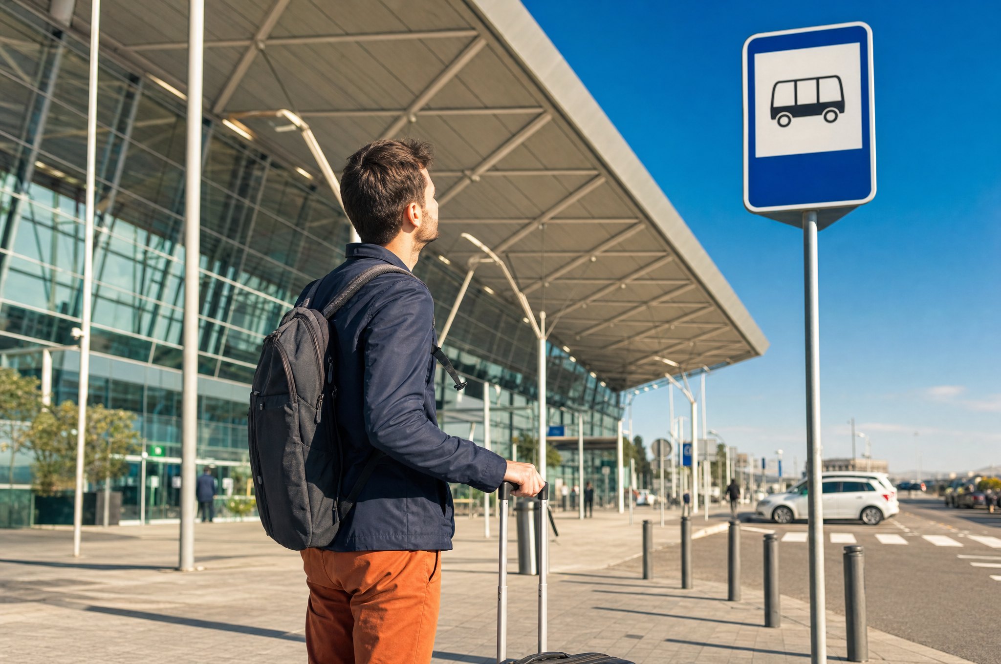 Podróżnik z walizką przed terminalem lotniska sprawdzający options transportu do miasta