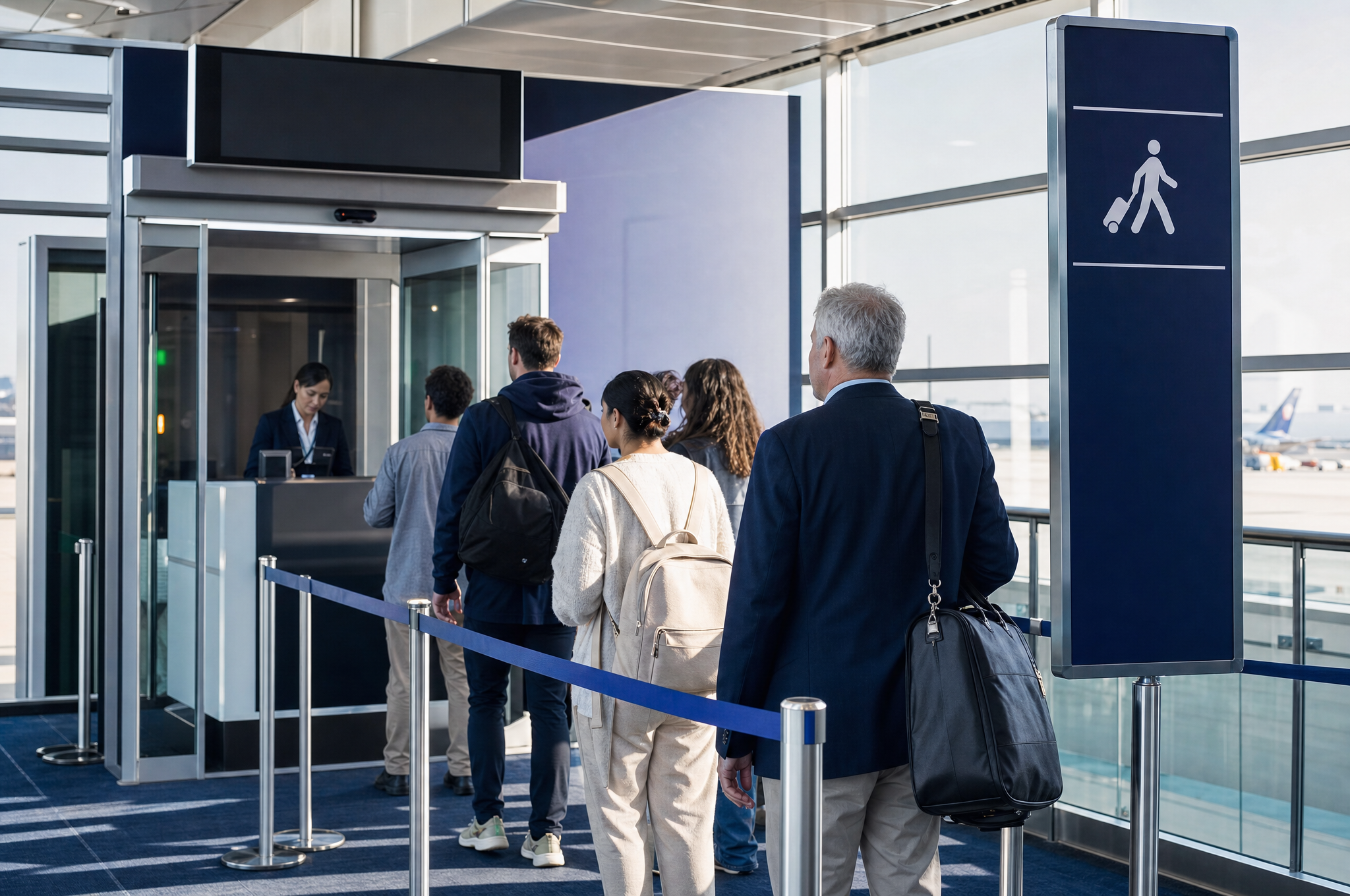 Pasażerowie wchodzący na pokład samolotu przez bramkę priority boarding na lotnisku.