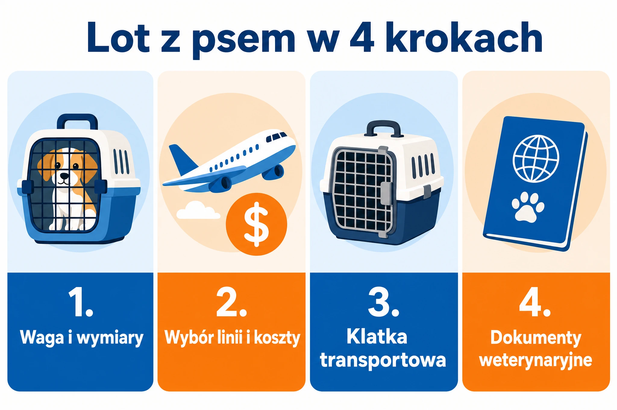 Infografika przedstawiająca cztery kroki przygotowania do lotu z psem: sprawdzenie wagi i wymiarów, wybór linii i koszty, przygotowanie klatki transportowej oraz zebranie dokumentów weterynaryjnych.