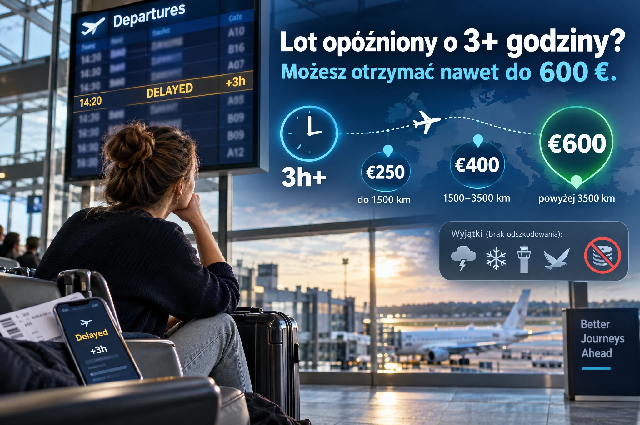 Infografika pokazująca cztery kroki odzyskiwania pieniędzy za opóźniony lot: zbieranie dokumentów, sprawdzanie powodu opóźnienia, złożenie wniosku do linii i odbiór odszkodowania.