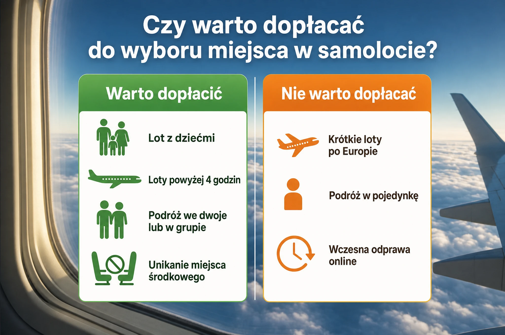 Infografika porównująca sytuacje, w których warto i nie warto dopłacać za wybór miejsca w samolocie: po lewej zielony panel z powodami do dopłaty (lot z dziećmi, długie loty, podróż w grupie, unikanie miejsca środkowego), po prawej pomarańczowy panel z sytuacjami, gdy dopłata nie jest konieczna (krótkie loty, podróż solo, wczesna odprawa online).